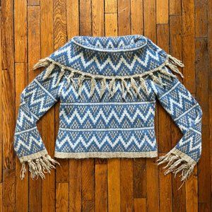 Vintage 90s Frost Wool Mohair Women Blue Tan Cream Frilled Cowl Neck Knit Sweate